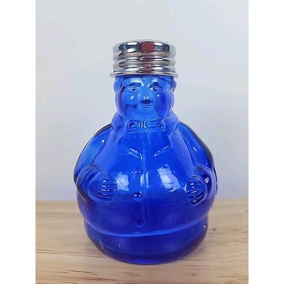 Vtg Cobalt Blue Glass Chef Salt and Pepper Shaker Set 3.25" Fat Men w Bow Tie - Picture 2 of 7